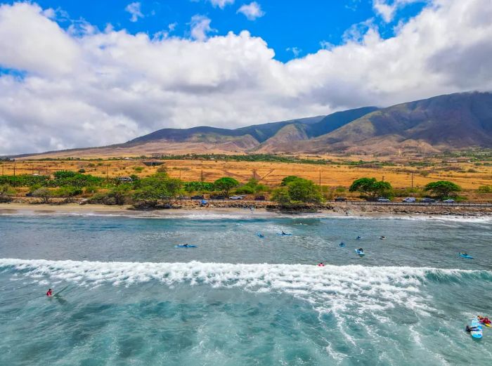 Aerial view of Launiupoko State Beach, Maui, during a hot summer day.