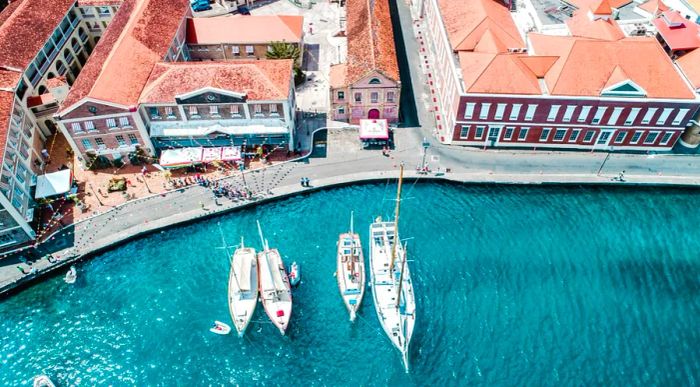 Aerial view of four boats near a city waterfront