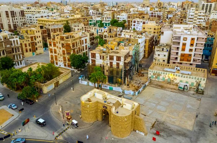 Historic Old Jeddah with the iconic Jeddah Gate in the foreground