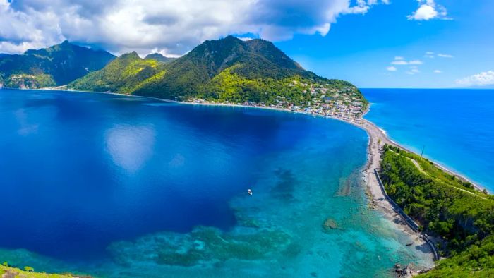 Scotts Head, Dominica, West Indies. To the right: Caribbean Sea; to the left: Atlantic Ocean.