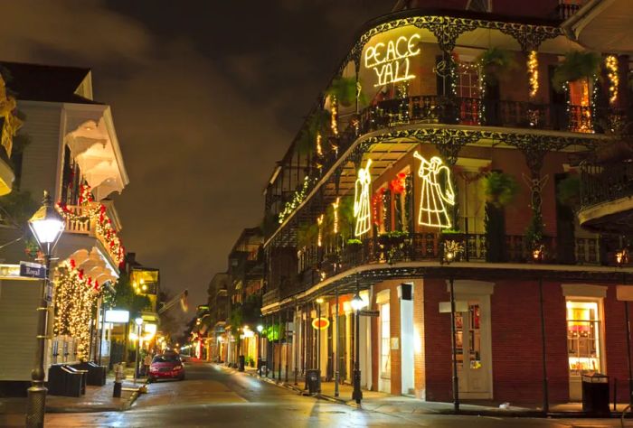 Christmas lights twinkle at the intersection of Royal and Dumaine streets in New Orleans.