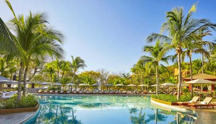 Palm trees, sun umbrellas, and lounge chairs surround one of the four pools at Four Seasons Resort Costa Rica at Peninsula Papagayo