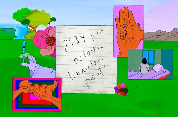 An illustration of a baby, a woman gazing out a window, accompanied by a note that reads, '2:34 p.m. o'clock liberation point.'