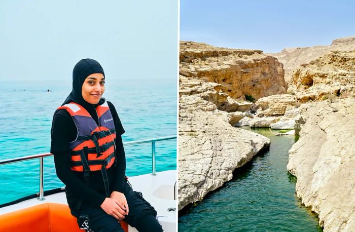 Left: A woman in a wetsuit wearing a blue and orange life vest. Right: The ocean crashing against a rugged rocky coastline.