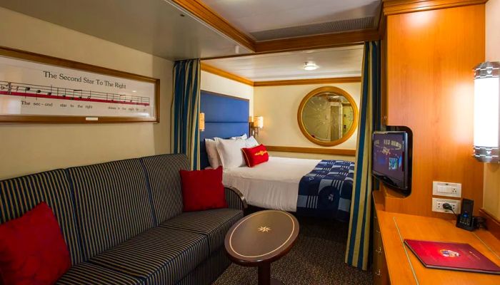 An interior stateroom on a Disney cruise ship