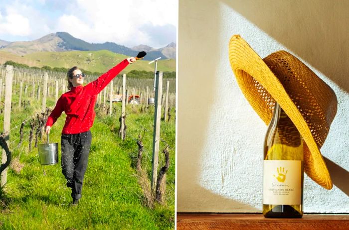 A person strolls along a row of vines at Seresin, where a white wine bottle is adorned with a straw hat