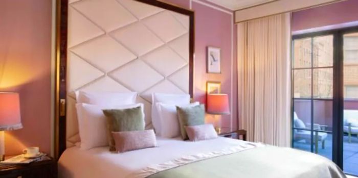 The guest rooms feature a calming palette of French lavender and soft greens.