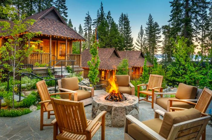 Seating around the firepit outside Cedar Crest Cottages.