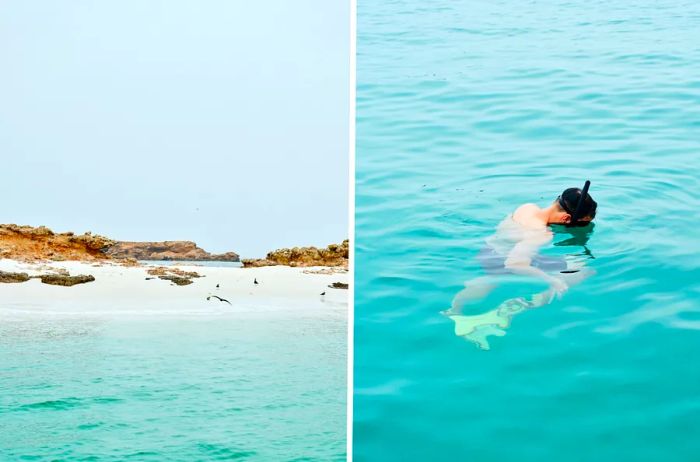 Left: An Omani beach. Right: A boy snorkeling in the sea.