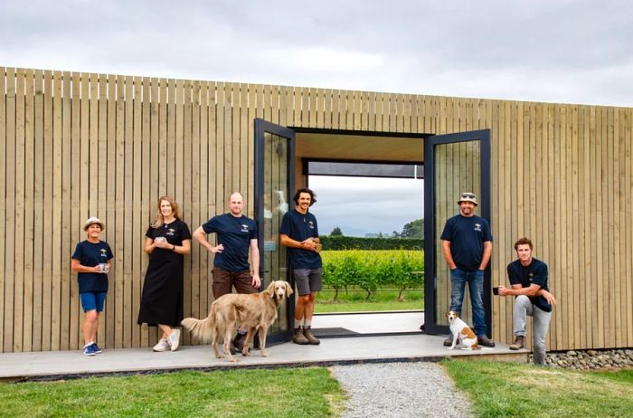 Six individuals outside On Giants' Shoulders winery