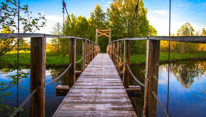 A wooden footbridge spans over water that reflects trees, with a lush green field visible on the opposite side.