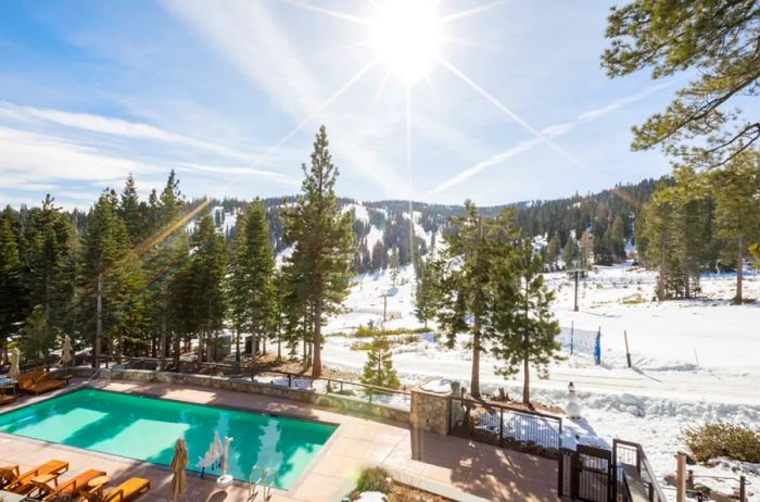 The Ritz-Carlton, Lake Tahoe features a pool nestled among towering evergreen trees.