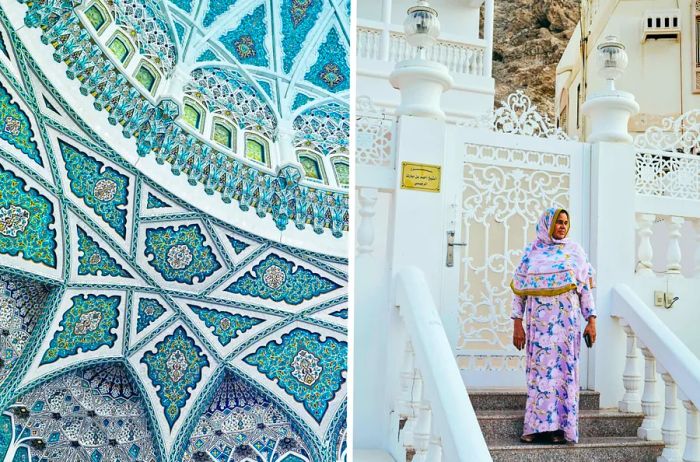 Left: The detailed mosaic work of the Sultan Qaboos Grand Mosque. Right: A woman in a long, floral dress standing on steps.