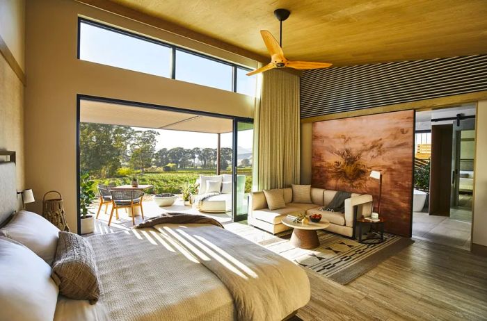 A guest room interior at Stanly Ranch featuring a private veranda