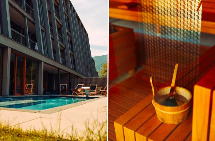 Left: An outdoor swimming pool at Hotel Bohinj. Right: A wooden bucket and ladle featured inside a sauna.