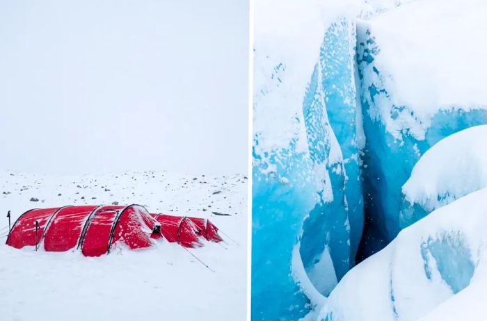 Tents at Greenland Camp on the ice sheet and the crevasses around them