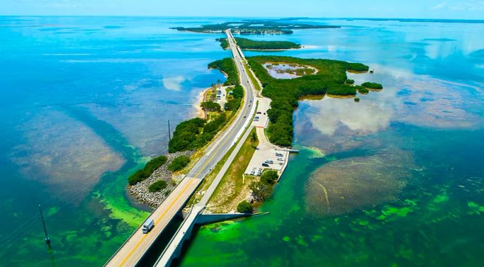 Aerial view of the Overseas Highway leading to Key West, Florida Keys, USA, showcasing the stunning natural beauty.