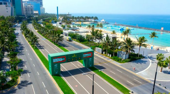 An aerial view of the Jeddah Corniche Circuit, the venue for the 2021 Saudi Arabian Grand Prix.