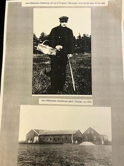 Black-and-white images capture a family farmhouse in Denmark along with one of the family patriarchs, dated around 1920.