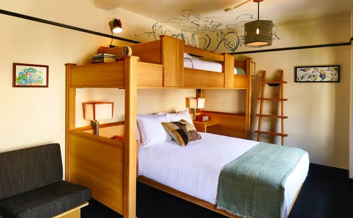 This guest room at the Freehand Hotel in New York is equipped with bunk beds.