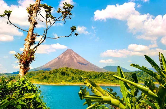 A coastal view of Arenal Volcano