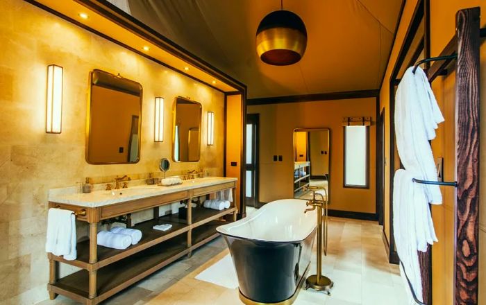 Bathroom interior featuring a luxurious free-standing soaking tub