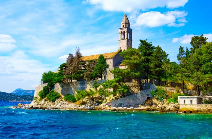 The facade of the Franciscan Monastery located in the village of Lopud, Lopud Island, Croatia.