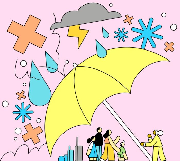 Illustration of a person holding a large yellow umbrella over a family of travelers with luggage, shielding them from rain.