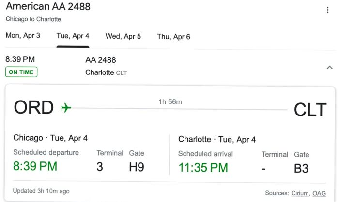 A screenshot displaying the status of an American Airlines flight on Google