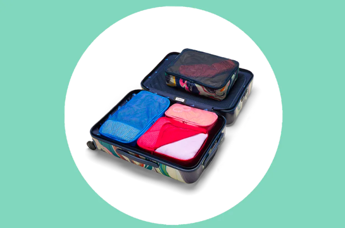 Away packing cubes placed inside an Away carry-on