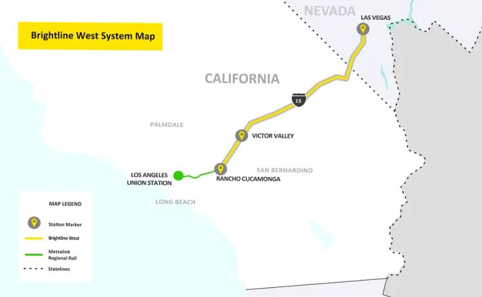 A diagram showcasing the Brightline West rail route connecting Rancho Cucamonga to Las Vegas.