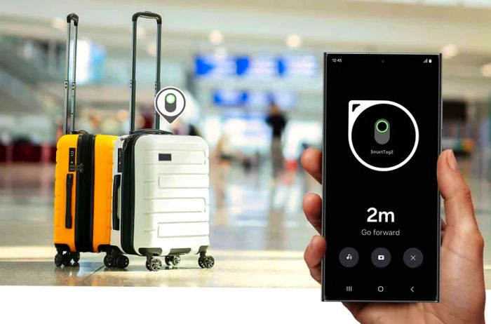 An image of two suitcases with a hand holding up Samsung's tracking app