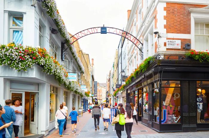 The lively outdoor pedestrian arcade of Carnaby Street