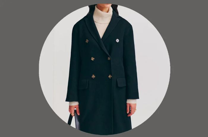 Reformation Leighton Coat in Dark Double-Breasted Style