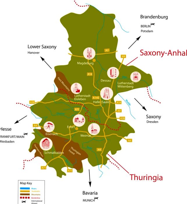 LutherLand is situated in central Germany, covering the regions of Thuringia and Saxony-Anhalt.