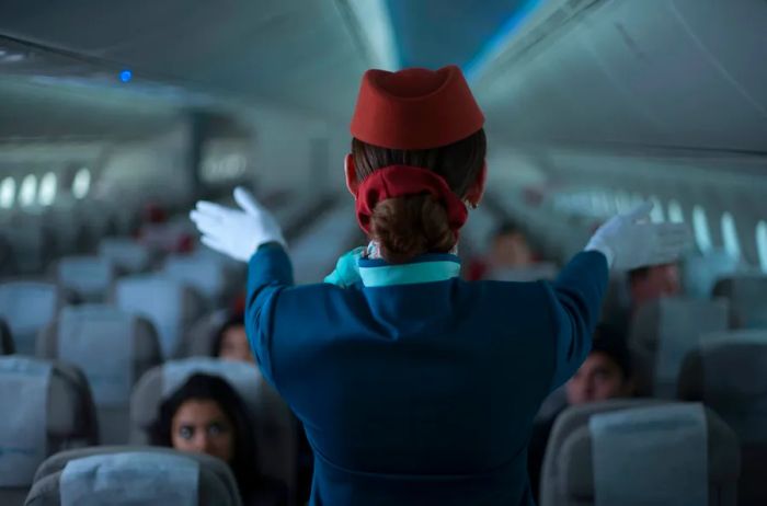 Flight attendant delivering a preflight safety briefing from the rear