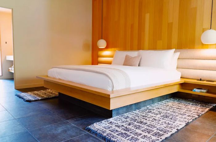 Interior view of a guest room at the Azure Sky Hotel