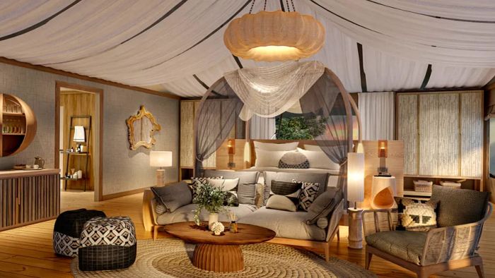 The tent accommodations at the JW Marriott Masai Mara Lodge are spacious and feature neutral-toned decor.