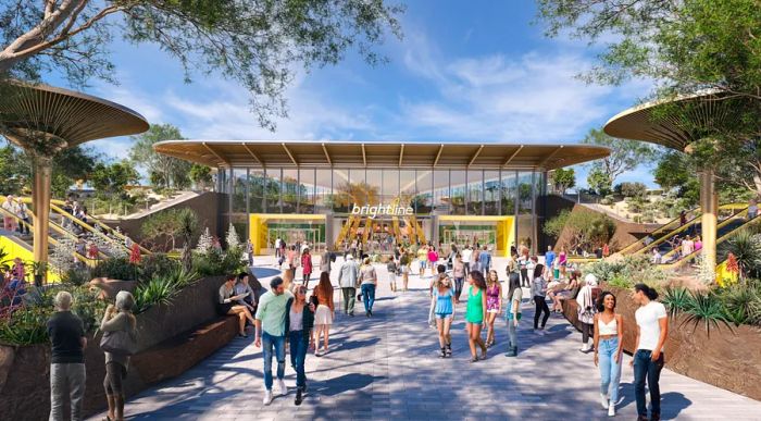 An exterior rendering of the Brightline West Las Vegas train station.