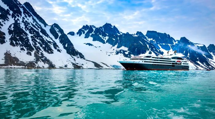 An expedition cruise vessel in Svalbard