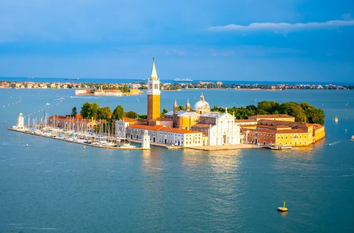 The campanile on Isola di San Giorgio, one of the smaller islands within the Venetian lagoon