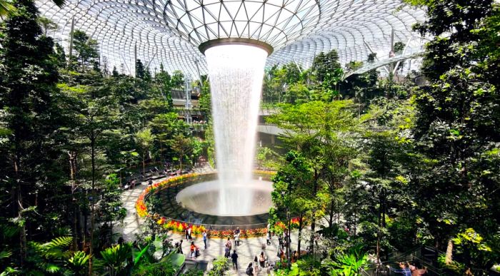 The stunning waterfall at Changi Airport