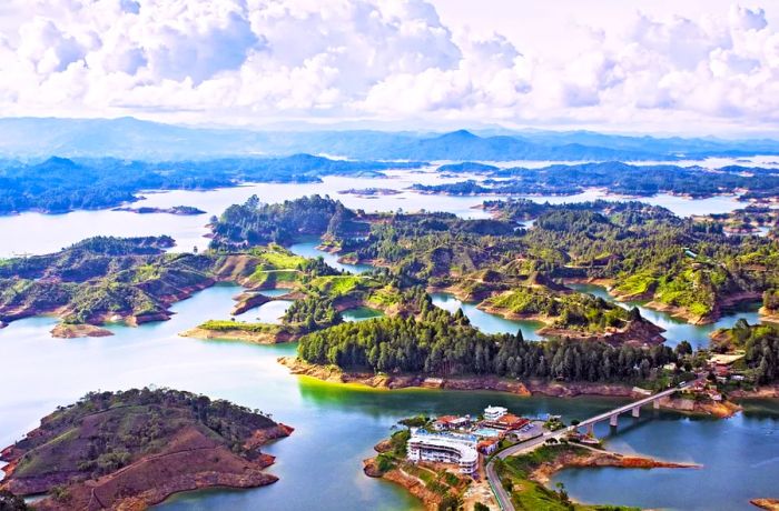 Islands scattered across Guatapé Lake in Colombia