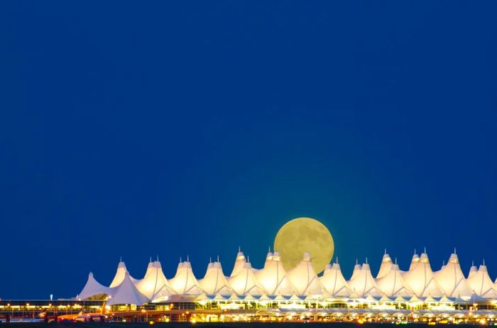 The striking white peaked roof of Denver International Airport illuminated at night with a full moon rising in the background.