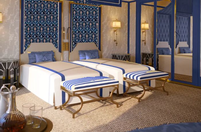 Interior of a guest room featuring blue and white decor at the Ciragan Palace Kempinski