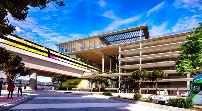 Exterior rendering of the Brightline Rancho Cucamonga station.