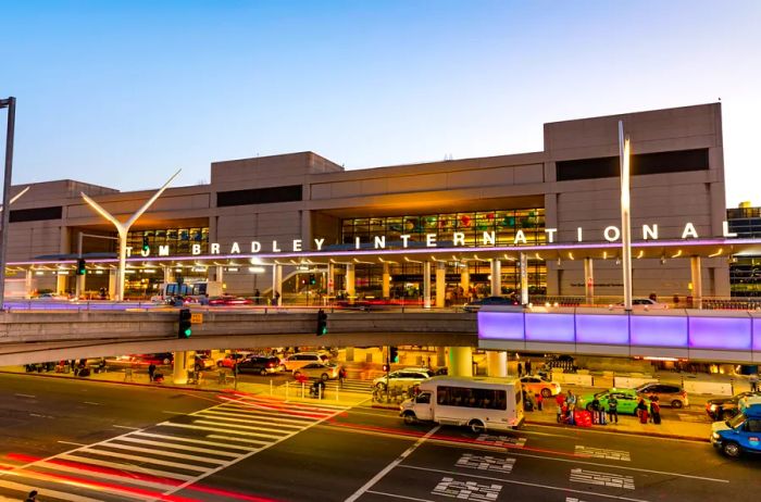 An exterior view showcasing the Tom Bradley International Terminal at Los Angeles International Airport.