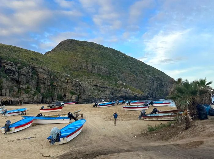 A picturesque sandy beach adorned with small white, blue, and red boats, framed by hills in the background, at Todos Santos.