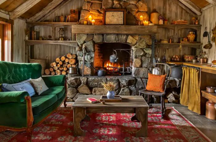 A snug room adorned with a stone fireplace, a couch, a rocking chair, and charming decorations.