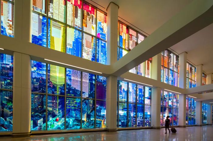 One of the significant improvements at LaGuardia's Terminal B is in its artistic and design aspects, featuring vibrant, towering glass murals.